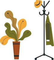 Hanger with coat and hat, plant with leaves in pot vector