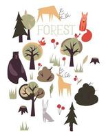 animales y árboles del bosque, conjunto de ilustraciones vector