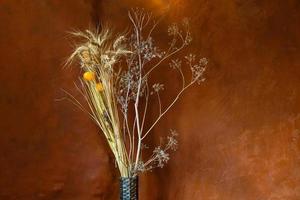 Warmth image with a dry flowers bouquet over an orange wall photo