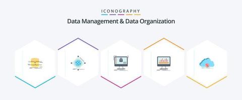 gestión de datos y organización de datos paquete de 25 iconos planos que incluye tablero. analítica. de. datos. seguro vector