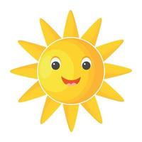 Cute cartoon happy sun with face isolated on white background. Summer shadowed clip art sunshine icon in kid's style. Sunny weather symbol. vector