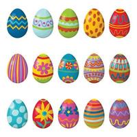 Cute collection of cartoon ornamental Happy Easter eggs isolated on white background. Clip art set of spring holiday treat. Eggs with zig zag lines, dots, striped, with flowers, polka dot. vector