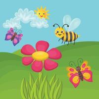 paisaje soleado con césped, linda abeja y mariposas, flor rosa, sol y nubes, día soleado de verano. el concepto de felicidad. buen humor. vector