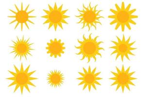 gran colección de iconos de sol de estilo plano geométrico amarillo, símbolos aislados en fondo blanco. conjunto de pegatinas de luz solar. vector