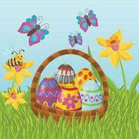 Cute cartoon Happy Easter basket with ornamental eggs on the grass, lawn with Narcissuses, bee and butterflies. vector