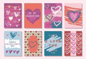 Cute Happy Valentine's day hand drawn grunge posters with hearts, text, brush strokes, grunge shapes. Greeting card. vector