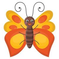 lindo personaje de mariposa feliz de dibujos animados en el estilo plano del niño aislado sobre fondo blanco. alas rojas y amarillas, alegre insecto de verano. vector