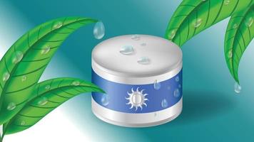 Advertising jar of cream with fresh green tea leaves or plant with water drops in realistic 3d style vector