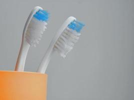 Two toothbrushes stand in an orange glass photo