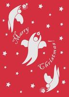 Merry Christmas horizontal greeting card. White angels, garland with shine stars isolated on a red backdrop. vector
