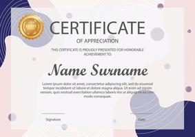 Certificate of appreciation template, gold and blue color. Clean modern certificate with gold badge vector