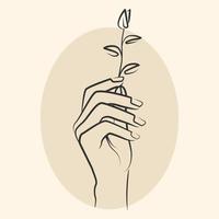 Linear hand with leaf branch logo illustration. Trendy linear style. Mystical retro symbols for spiritual practices, ethnic rites. Tattoo sketch vector