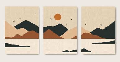 Abstract boho mountain landscape poster set. Modern boho textured background vector