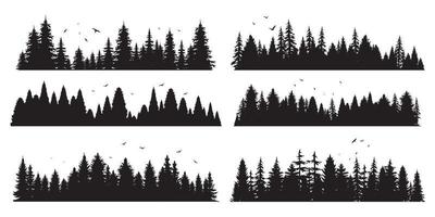Collection of horizontal fir tree silhouettes and flying birds vector