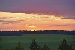 A beautiful sunset sun and a horizon with a forest. a beautiful field and a summer red sunset. photo