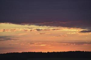 un hermoso sol al atardecer y un horizonte con un bosque. un hermoso campo y un atardecer rojo de verano. foto