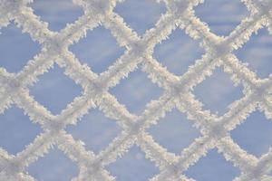 Snow frost on the iron fence of the fence. Mesh netting. Snow patterns on iron. photo