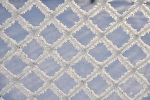 Snow frost on the iron fence of the fence. Mesh netting. Snow patterns on iron. photo