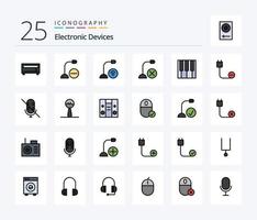 Paquete de iconos llenos de 25 líneas de dispositivos que incluye micrófono. poder. teclado. hardware. cable vector