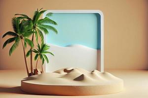 Summer tropical background, Podium on sand beach on sea background photo