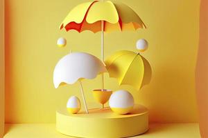 3D render of summer podium, showcases with beach balls and an umbrella on yellow background photo