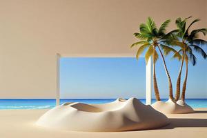fondo tropical de verano, podio en la playa de arena en el fondo del mar foto