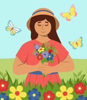 Spring Portrait Of Girl With Bouquet With Colorful Flowers Vector Illustration In Flat Style