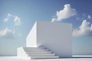 Front view of white podium and stairway with blank space in blue cloudy sky background photo