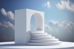Front view of white podium and stairway with blank space in blue cloudy sky background photo