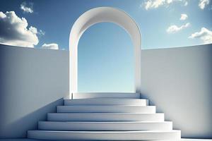 Front view of white podium and stairway with blank space in blue cloudy sky background photo