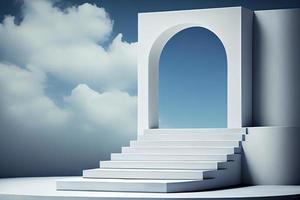 Front view of white podium and stairway with blank space in blue cloudy sky background photo