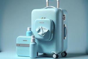 blue suitcase with face mask and travel accessories on blue background photo