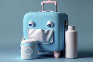 blue suitcase with face mask and travel accessories on blue background photo
