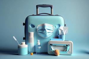 blue suitcase with face mask and travel accessories on blue background photo