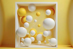 fondo de verano abstracto con cuadrado de maqueta de luz en el medio y bolas amarillas volando alrededor de la representación 3d foto