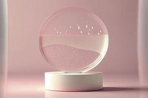 Empty white circle podium on transparent clear pink calm water texture with splashes photo