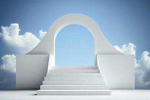 Front view of white podium and stairway with blank space in blue cloudy sky background photo