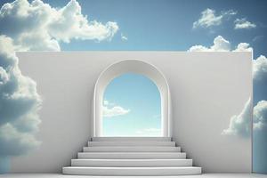 Front view of white podium and stairway with blank space in blue cloudy sky background photo