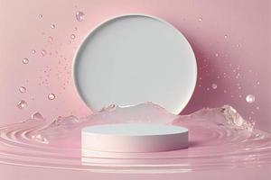 Empty white circle podium on transparent clear pink calm water texture with splashes photo