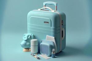 blue suitcase with face mask and travel accessories on blue background photo