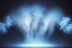 Illuminated stage and blue smoke. Night lightning in fog. Searchlight beams photo