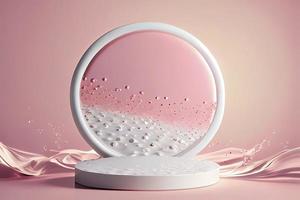 Empty white circle podium on transparent clear pink calm water texture with splashes photo