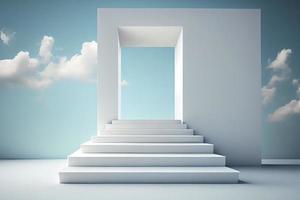 Front view of white podium and stairway with blank space in blue cloudy sky background photo