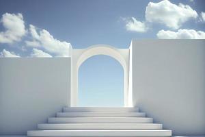 Front view of white podium and stairway with blank space in blue cloudy sky background photo