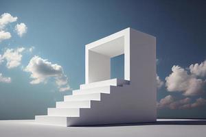 Front view of white podium and stairway with blank space in blue cloudy sky background photo