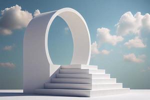 Front view of white podium and stairway with blank space in blue cloudy sky background photo