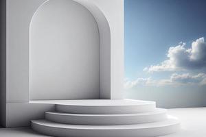 Front view of white podium and stairway with blank space in blue cloudy sky background photo