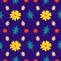 Seamless Pattern of Colorful Flower and Leaf with Dark Blue Background vector