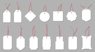 Set of blank white cardboard price tags with red string in different shapes. Vector illustration