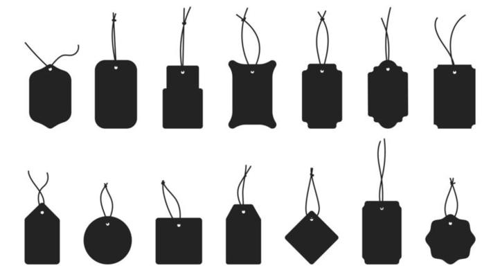 Set of Blank black paper price tags in different shapes. Collection of labels with string